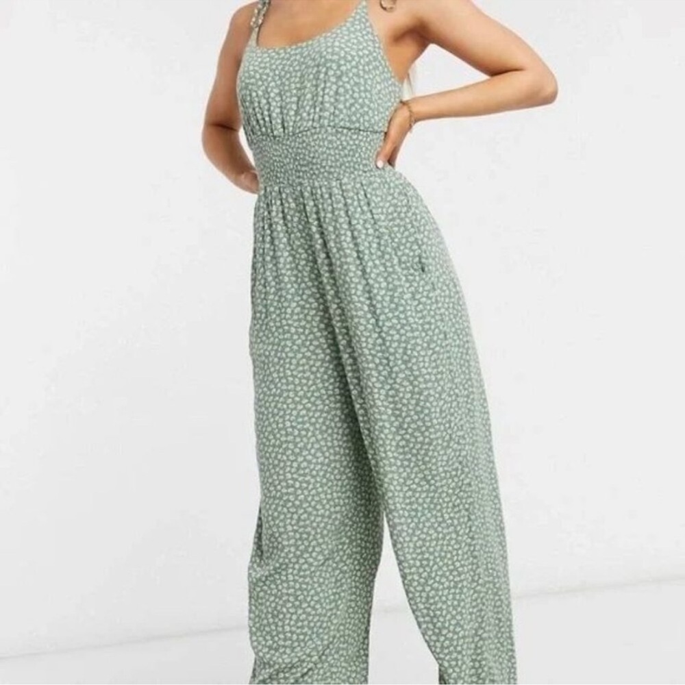 Y2K American Eagle Outfitters Green Floral Wide Leg Jumpsuit